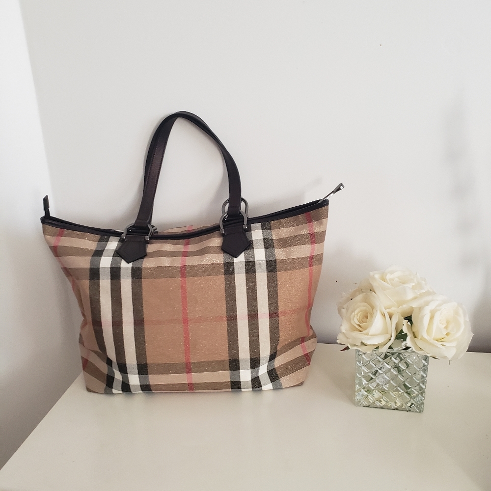 new offer: $999 Burberry shimmer tan nova check tote bag - Picture 1 of 17